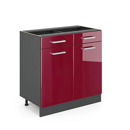 Vicco mobiletto base per cucina R-Line, Rosso bordeaux lucido/Antracite, 80 cm senza piano di lavoro