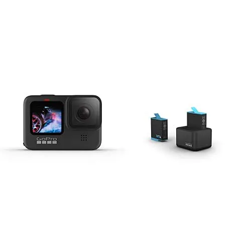 GoPro HERO9 Black - Fotocamera sportiva impermeabile con schermo LCD, video Ultra HD 5K, foto da 20 MP, live streaming a 1080p + Caricabatteria doppio con Batteria (HERO9 Black)