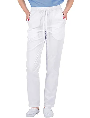 B-well ALESSI Pantaloni Infermiere Pantalone Sanitario Pantaloni Sanitari Pantaloni Divisa Sanitaria Pantaloni Medici Unisex con Elastico in Vita e 3 Tasche Posteriori, Bianco, M