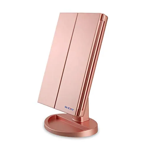 WEILY Specchio per il trucco con luce 1x / 2x / 3x Trifold ingrandente con 36 LED Touch Screen Luci e ricarica USB, Supporto regolabile a 180 gradi per specchio cosmetico per il trucco - oro rosa