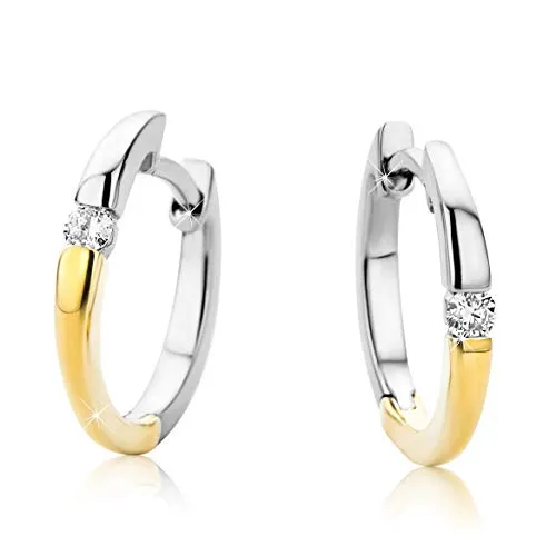 Orovi orecchini a cerchio da donna con diamanti 14 carati (585) a due colori/oro bianco e giallo oro orecchini con brillanti 0.035 carati