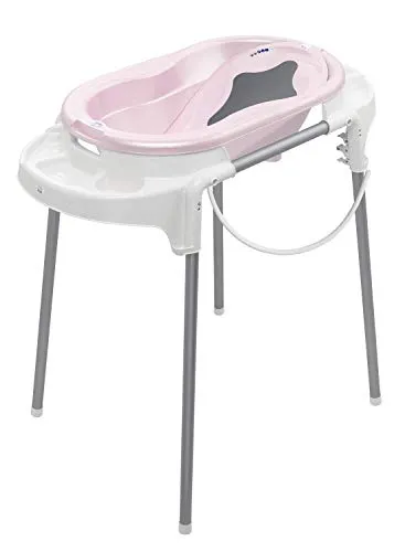 Rotho Babydesign TOP Stazione per bagnetto, Con vaschetta, cavalletto, schienale rimovibile e tubo di scarico, 0-12 mesi, Rosa, 21042 0248 01
