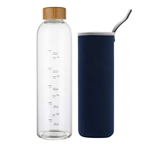 sunkey Borraccia 1 litro in Vetro Borosilicato per Acqua Riutilizzabile con Tappo e Custodia senza Bpa per sport, palestra, viaggi (Blu marino)