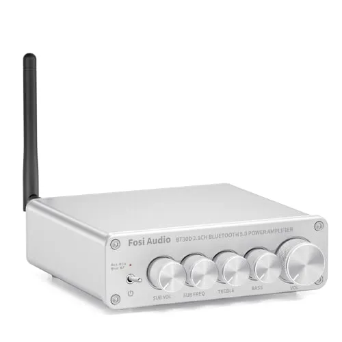 Fosi Audio BT30D Argento Bluetooth 5.0 Amplificatore Audio Stereo 2.1 Canali Mini Hi-Fi Classe D Integrato Amp, 50W x2+100W per Home Outdoor Altoparlanti Passivi/Subwoofer & Subwoofer Alimentato