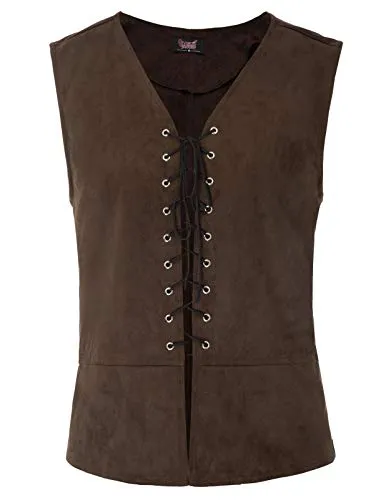 Gilet Uomo Steampunk Vittoriano Rinascimento Medievale Gotico retrò Vintage Senza Maniche in Pelle Bottone Pizzo Scollo A V Halloween Taglia S Marrone 1#