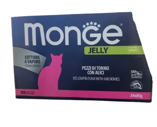 Monge Jelly natural superpremium quality Pezzi di tonno con alici per Gatti, cottura a vapore. Confezione da 24 scatolette (80 gr. l'una). Senza coloranti e conservanti