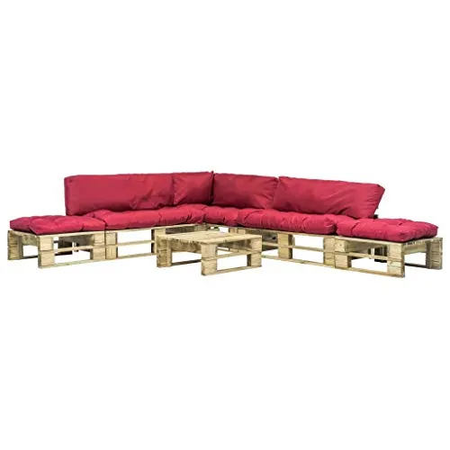 vidaXL Legno Pino Divano da Giardino su Pallet 6pz Cuscini Rossi Sofa Tavolino