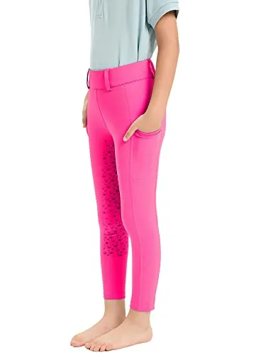 Havideto Leggings da equitazione per ragazze con inserti in silicone, pantaloni da equitazione elastici per bambini, con passanti per cintura, tasca laterale, Colore: rosa., L