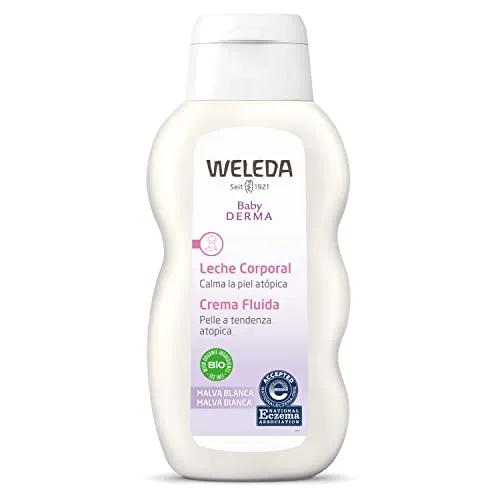 Weleda Baby Derma Crema Fluida Malva Bianca, trattamento corpo non profumato dall'azione lenitiva per pelli molto sensibili e tendenti a dermatite atopica (1X200 ml)