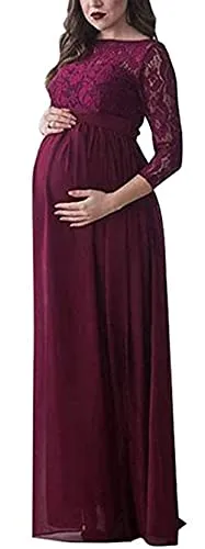 FIUWAND Vestito da maternità Abito Premaman Tinta Unita Vestito Maxi Elegante in Pizzo Cerimonia per Le Donne Incinte da Fotografia (Rosso, M)