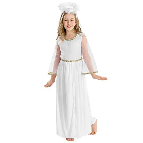 dressforfun Costume da bambina - Incantevole angelo | Lungo vestito con maniche scampanate in tulle trasparente | Aureola (12-14 anni | no. 300225)