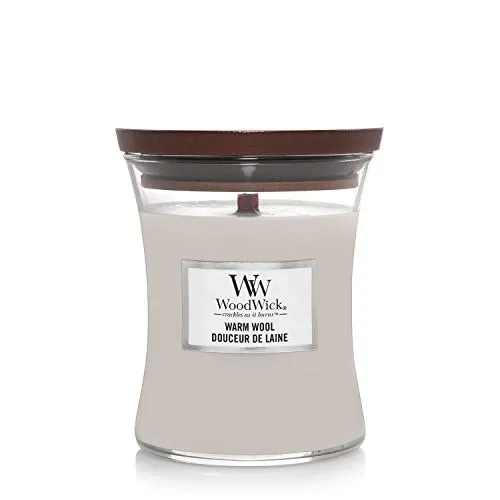 Woodwick Hourglass Candela Profumata Media con Stoppino Scoppiettante, Fino A 60 Ore, Cera, Grigio (Lana Calda), Medio