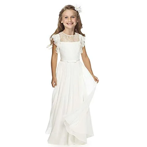 TYHTYM Abito da sposa in pizzo da sposa con fiore abito da sposa abito da ballo ragazza abito da festa svolazzante maniche bianco abito da damigella d'onore, Bianco sporco, 12-13 Anni