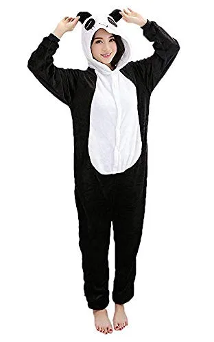 Mescara Pigiama Panda Cosplay Intero Unisex Costume Halloween Carnevale Festa Party Animale Sleepwear (S per Alto 148-158 cm, Nero)