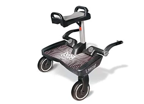 Lascal BuggyBoard Maxi+, Pedana passeggino universale compatibile con quasi tutti i modelli, Pedana buggy board con sellino per bambini di 2-6 anni (22 kg), nero/grigio