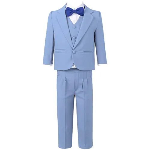 TiaoBug 5 Pezzi Completino Neonati Bambini Gentleman Smoking Suit Balzer + Gilet + Camicia + Pantaloni + Papillon Abiti da Cerimonia Bimbi Matrimonio Nuziale Battesimo Nozze Blu A 13-14 Anni