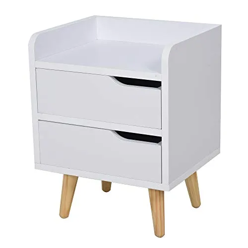 homcom Comodino Salvaspazio dal Design Moderno in Legno Bianco con 2 Cassetti e Piedini in Legno di Pino 33 x 28 x 42cm