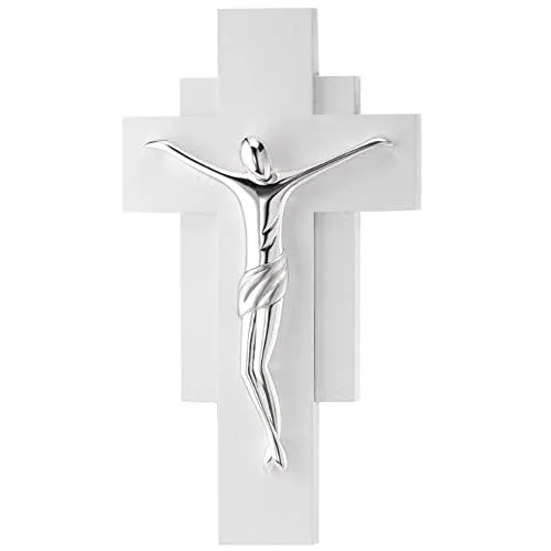 Crocifisso in Resina Argentata con Croce in Legno Bianco, Stile Moderno Dimensioni 22 cm x 40 cm