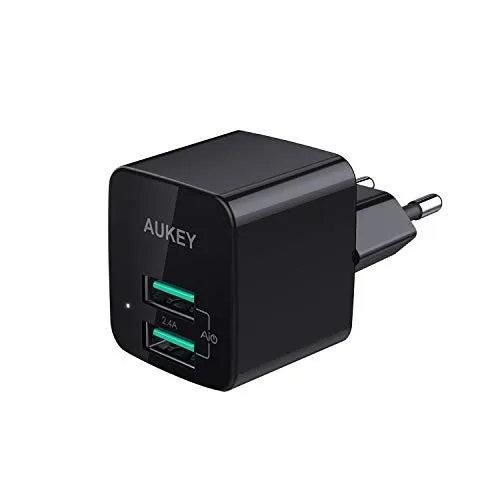 AUKEY Caricabatterie USB Caricatore USB da Muro Ultra Compatto 2 Porte Adattatore Universale Compatibile con iPhone XS XS Max XR, iPad, Samsung, Huawei, Xiaomi, HTC, LG ECC.