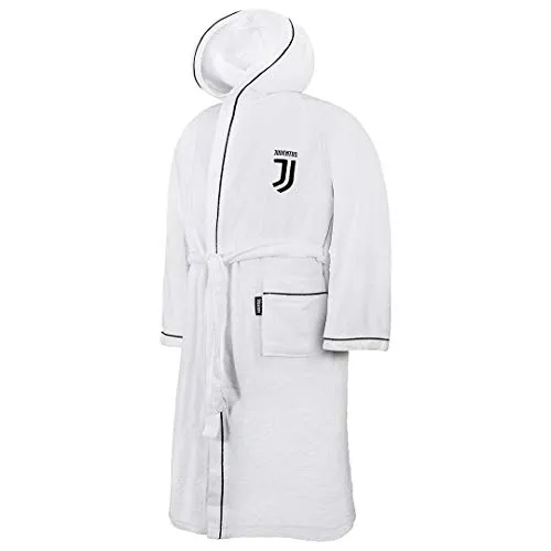 NUOVO LOGO ACCAPPATOIO CON CAPPUCCIO UFFICIALE FC JUVENTUS TG S M L XL XXL BIANCO NERO 100% MICRO SPUGNA PURO COTONE UOMO (XL - 52 / 54)