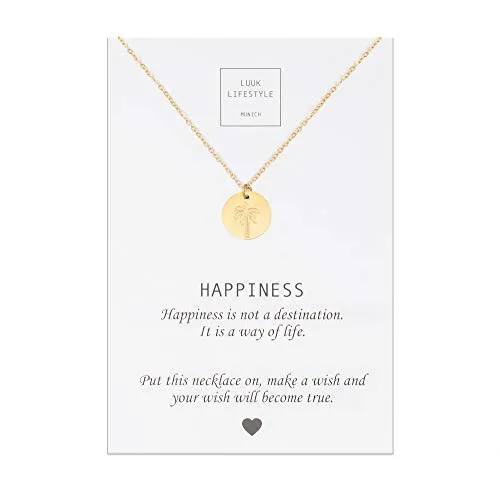 LUUK LIFESTYLE Gioielli donna, gift card, collana con ciondolo a forma di palma e biglietto regalo con frase Happiness, portafortuna, oro