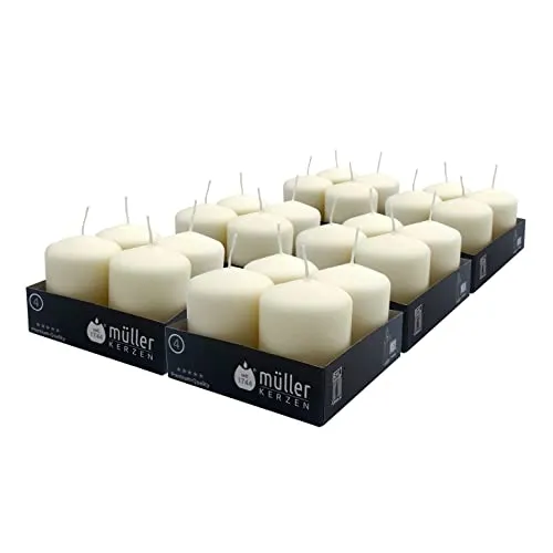 Müller Candele a Colonna Cilindriche - Set di 24 Candele Colore Avorio - 48 x 62 mm - Lunga Durata: Circa 10 Ore - Cera Antigoccia, Inodore - Protezione Antincendio BSS - Qualità RAL