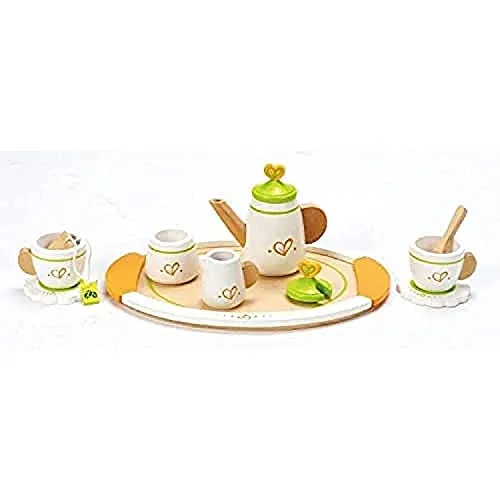 Hape Tea Set for Two Wooden Tea Party Playset , Wooden Pretend Tea Playset for Kids, Kitchen Accessories Kit Includes 2 Cups, Saucers, Spoons and Serving Tray