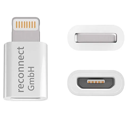 reconnect - Adattatore micro USB per connettore Lightning, adatto per la ricarica e la sincronizzazione dell'iPhone modello 5, 5S, SE, 5C, 6, 6S, 7 Plus, 8, X, e molti altri, colore: bianco