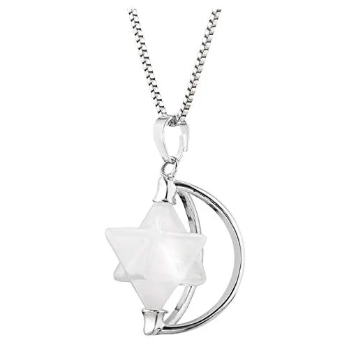 JSDDE - Ciondolo girevole Merkaba a forma di stella, gemma Chakra con mezzaluna, collana per donne, ragazze e uomini e Rame, colore: cristallo di rocca, cod. GGDE0020