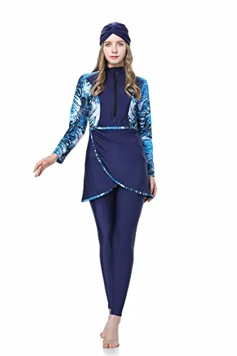 Highdi Musulmani Costumi da Bagno per Donna 3 Pezzi Stampato Modesto Arabo Islamici Copertura Completa Burkini Swimsuit Swimwear Hijab, Blu, 4XL