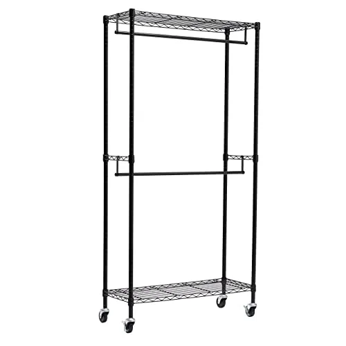 Amazon Basics - Stand appendiabiti a doppia barra con rotelle - Nero, 91cm x 35.5 cm x 183 cm (LXPXH)