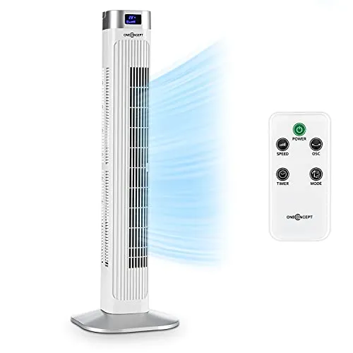 Oneconcept Hightower 2G - Ventilatore a Torre, Oscillazione 45°, Flusso d'Aria: 1.807 m³/h, Funzionamento Continuo a Bassi Consumi: 42 W, Timer: 12h, 3 Modalità, Bianco