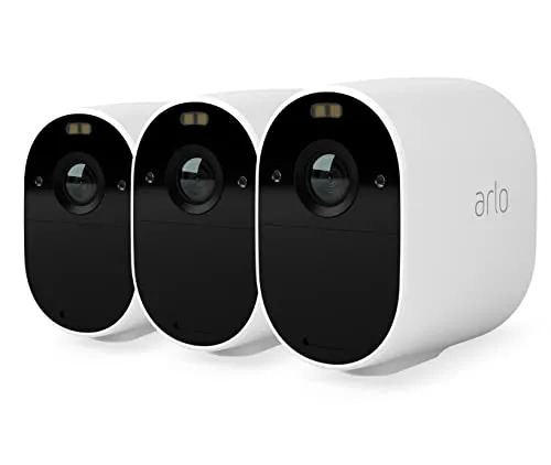 Arlo Essential Telecamera Wi-Fi Esterno Senza Fili, 1080p HD, 130° Visione Notturna, Sirena, Rilevamento Movimento, Audio Bidirezionale, 90 Giorni Arlo Secure Inclusi, 3 Telecamere, Bianche