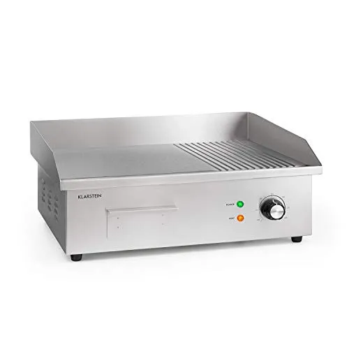 KLARSTEIN Grillmeile 3000GR Pro - Piastra Elettrica in Ghisa, Superficie: 54,5 x 35 cm (2/3 liscia & 1/3 ondulata), 50-300°C, 3000 W, Grill Elettrico Professionale con Paraspruzzi, Acciaio Inox