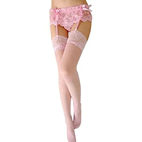 Pu Ran - Set di lingerie da donna in pizzo trasparente floreale con reggicalze e reggicalze 2 in 1 rosa Taglia unica