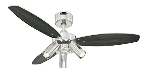 72290 Jet Plus Three-Light 105 cm ventilatore a soffitto per interni a tre pale, finitura in nichel spazzolato con faretti, Finitura in nichel spazzolato , pale in wengé/argento