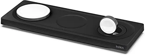 Belkin MagSafe Charger, stazione di ricarica wireless 3 in 1, tappetino da viaggio certificato MFi per iPhone 15, 14, 13, 12, Apple Watch 9, 8, 7, 6, SE, Ultra e precedenti, AirPods 2, AirPods,