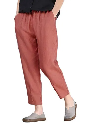 Mallimoda Donna Cropped Pantaloni Larghi Estivi Casual Pantalone in Lino Arancia XL