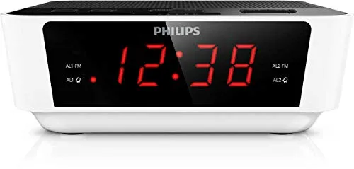 Philips AJ3115/12 Radio Orologio, Sintonizzatore FM Digitale, Sveglia Integrata, 2 Allarmi, Timer Sleep, Display Grande, Modello 2019/2020, Bianco/Nero
