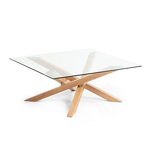 Kave Home - Tavolino da salotto Kamido trasparente quadrato 90 x 90 cm in vetro trasparente e gambe in metallo con effetto legno