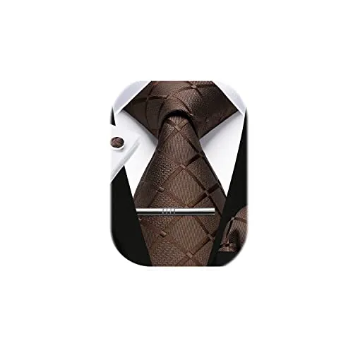 HISDERN Cravatta Scozzese Marrone da Uomo Fazzoletto Gemelli Fermacravatta Set Regali Festa Nuziale Formale Cravatta per Uomo