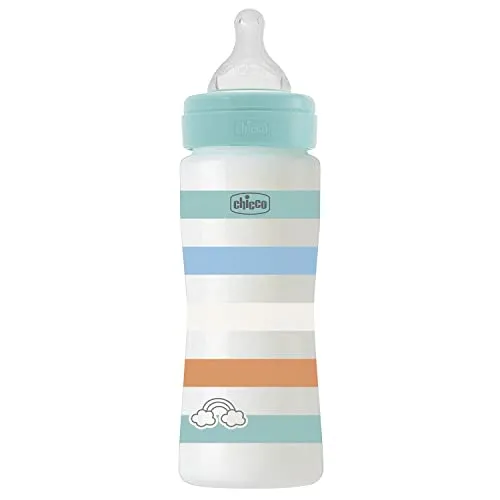 CHICCO Biberon Benessere Flusso Veloce, con Tettarella Physio in Morbido Silicone e Finitura Soft Sense, Anticolica, Riduce Rigurgito e Irritabilità, Bottiglia in Plastica da 330 ml, 4 Mesi+, Bambino