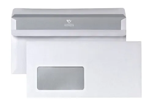 Bong 2220617 Posthorn - Buste da lettera in formato DIN lungo, con finestra, chiusura autoadesiva, interno grigio con stampa, 110 x 220 mm, 100 pezzi, colore bianco
