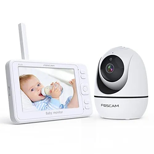 Foscam Baby Monitor Video 1080P con Schermo da 5.0'' Telecamera Neonato, 3600mAh batteria, 4 Telecamere Scalabili, Visione Notturna, Audio Bidirezionale, Attivazione VOX,8 Ninne Nanne