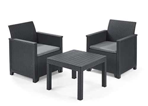 Keter Emma Balcony Set, Set Mobili da Giardino in Rattan con 2 Poltrone e Tavolino , Grafite