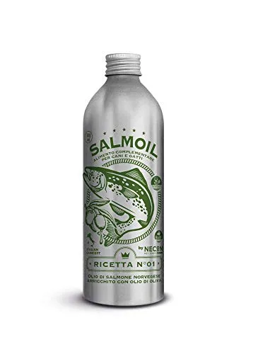 SALMOIL by NECON Pet Food Ricetta 1, Alimento complementare/Cibo per Cani e Gatti a Base di Olio di Salmone Norvegese con Olio d'Oliva da 250 ml, Ricco di Vitamina E, Omega3, Made in Italy