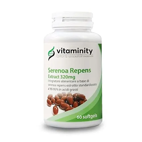 Serenoa Repens 320 mg - 90-95%, Integratore contro l'Ingrossamento della Prostata e la Caduta dei Capelli, a Base di Serenoa Repens - Formato da 60 Capsule Softgel