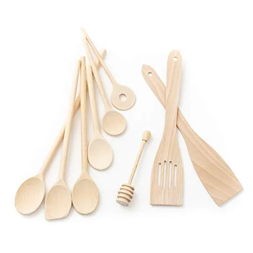 Tuuli Kitchen 9 pezzi set Utensili da Cucina in Legno (6x Cucchiaio 18cm-35cm, Cucchiaio per miele, 2x Spatola da cucina)