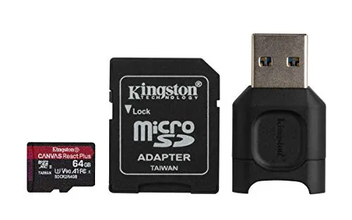 Kingston MLPMR2/64GB Schede microSD, 64GB microSDXC React Plus SDCR2, Con Adattatore SD e MLPM Lettori Media