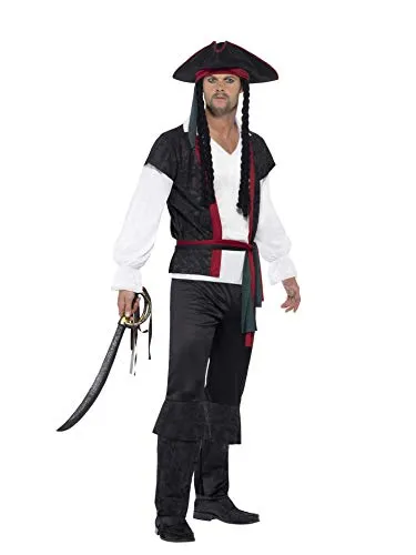 Smiffys Costume Capitano dei pirati, Nero, Con top, pantaloni, cravatta e cappello con i capelli, Large